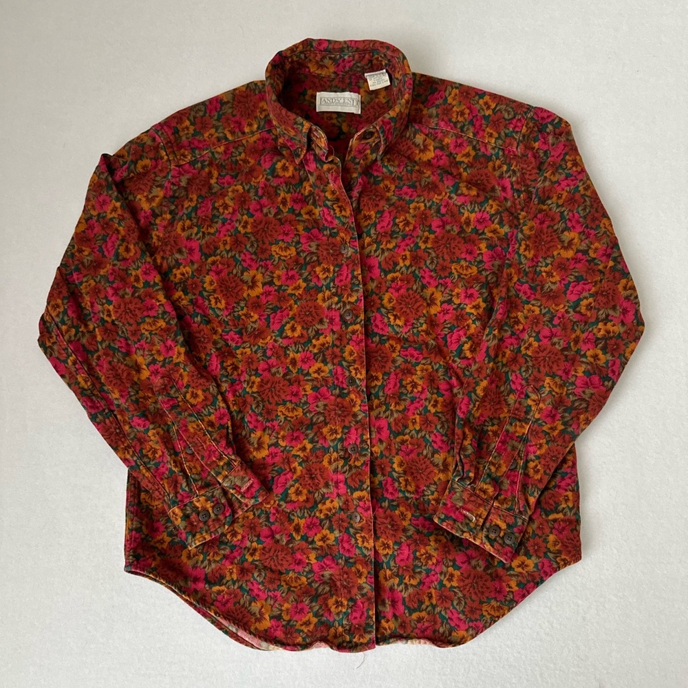 Vintage Lands End Corduroy 70’s Floral Long Sleeve Button Down Shirt